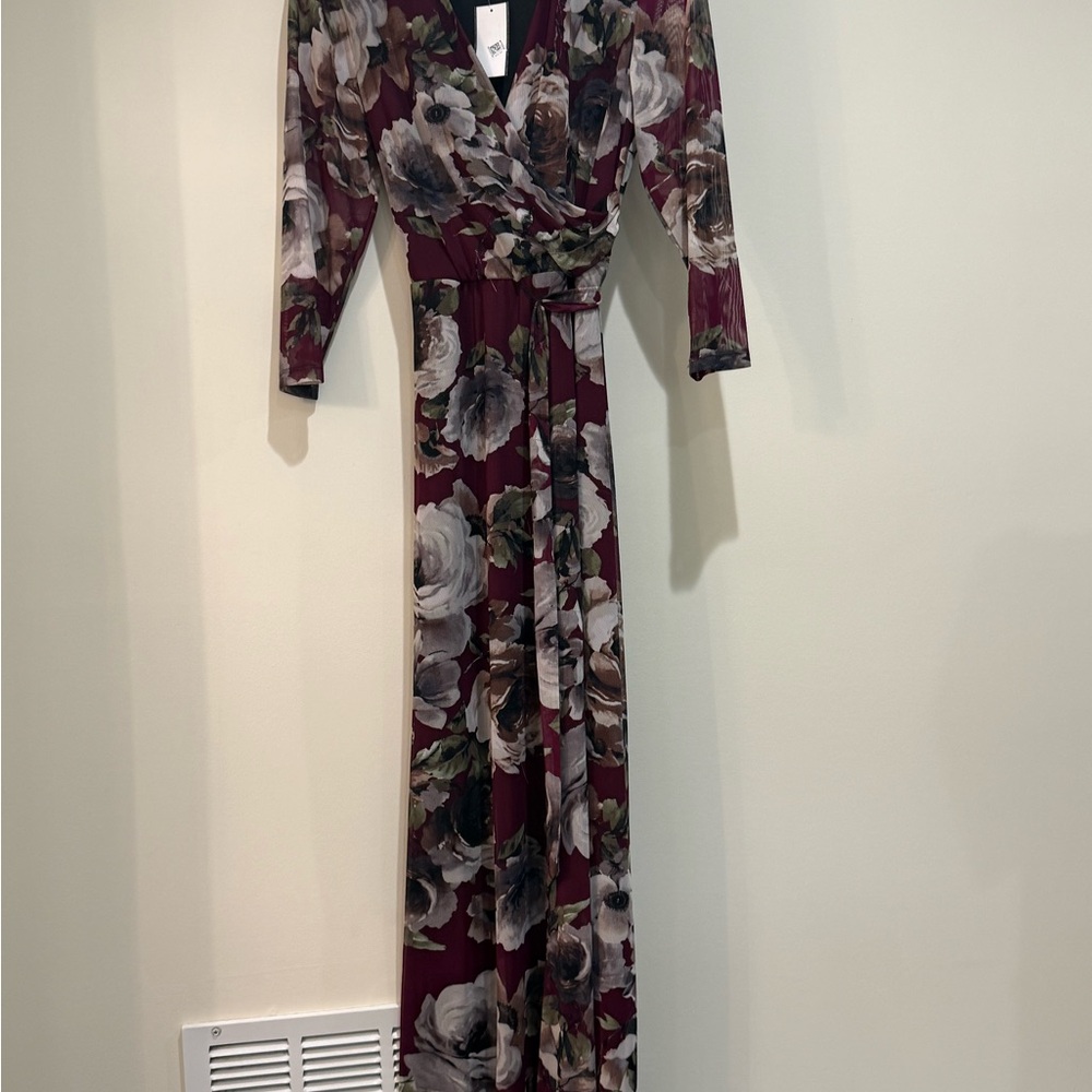 Connected Apparel Red and Gray Long Sleeve Wrap Dress